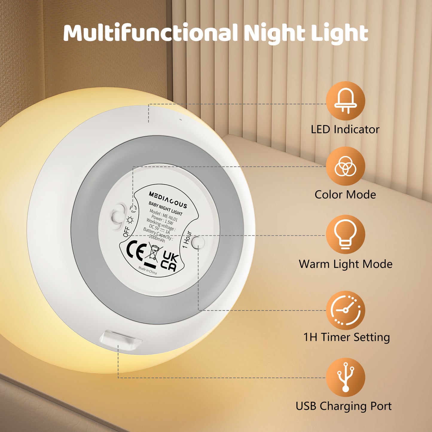 MediAcous Night Light for Kids, Baby Egg Light for Nursery, 7 Colors Changing & Stepless Dimming, Soft Silicone Touch Night Lamp with 1 Hour Timer, Rechargeable Nursery Night for Breastfeeding