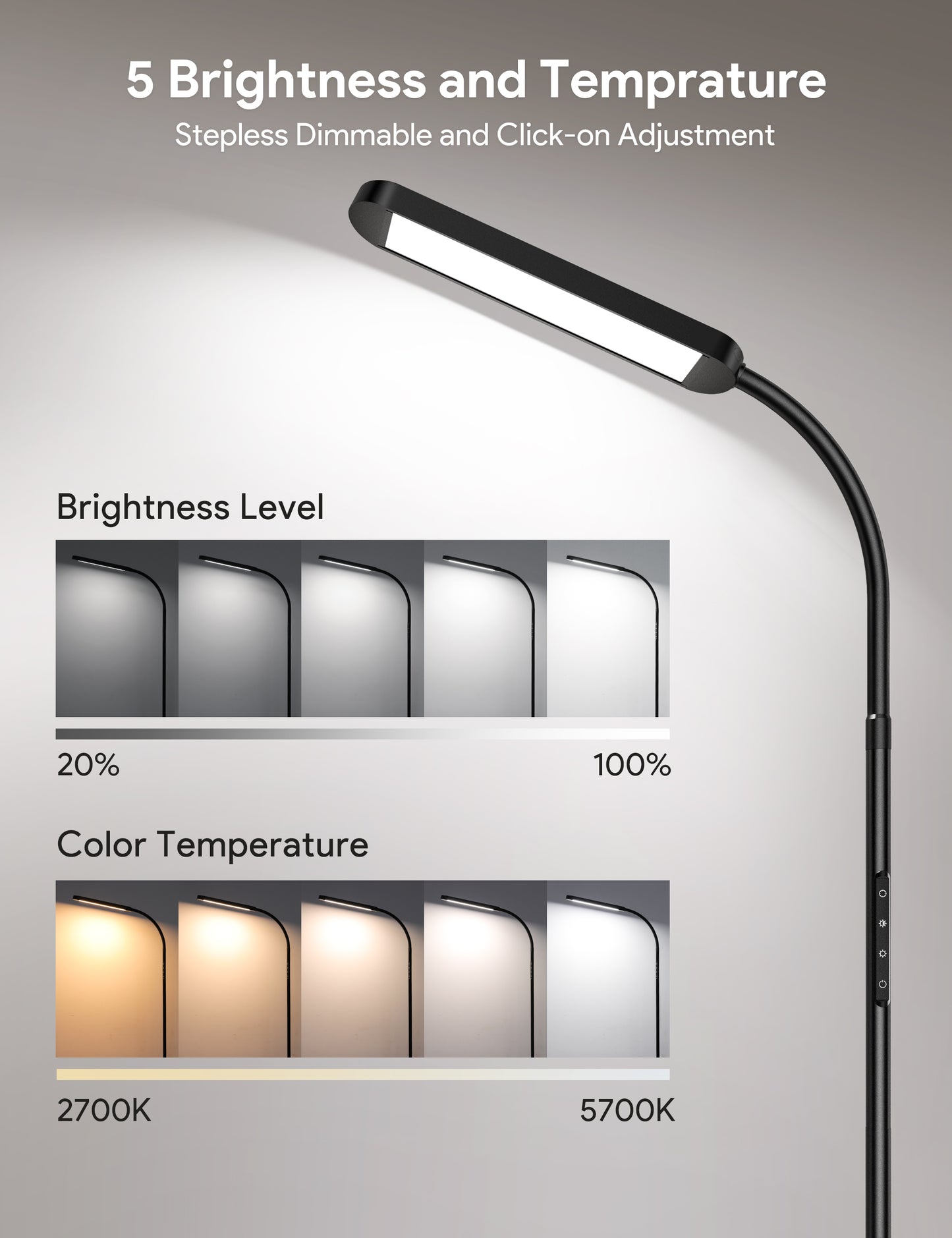 MediAcous Floor Lamp, LED Floor Lamp for Living Room, 5 Colors & Brightness & Step-Less Adjustable, Standing Lamp with 1H Timer, Remote & Button, Dimmable Reading Floor Lights, Work with Wall Switch