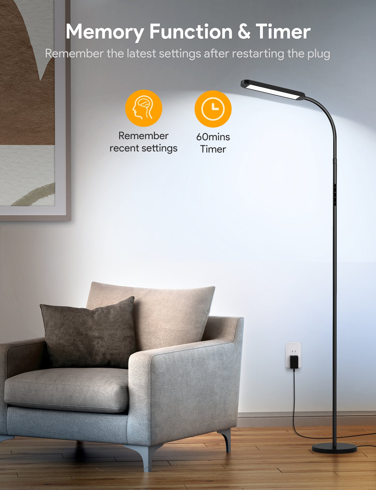 MediAcous Floor Lamp, LED Floor Lamp for Living Room, 5 Colors & Brightness & Step-Less Adjustable, Standing Lamp with 1H Timer, Remote & Button, Dimmable Reading Floor Lights, Work with Wall Switch